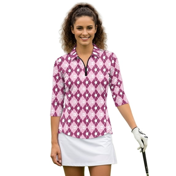 HUIACONG Breathable Tennis Tops for Sports Outdoor Training Golf, Polyester Spandex Fabric with Zipper Quarter Zip Ladies Golf Top 3/4 Sleeve, Golf