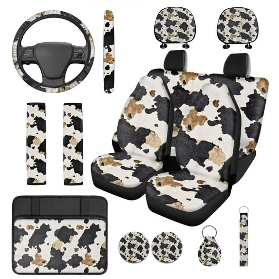 HUIACONG Brown and Black Cow Print Car Accessories Seat Covers Full Set with Steering Wheel Cover Seat Belt Pads Center Console Cover Coasters Headrest Cover Keychain 14 Pcs Universal Car Accessories