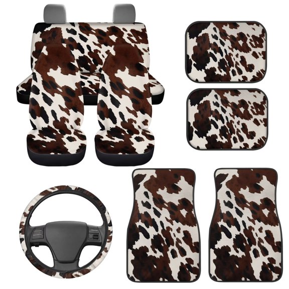 HUIACONG Brown Cow Car Floor Mats Steering Wheel Cover Car Seat Covers 9-Piece Driver Passenger and Rear Floor Mats with Anti-Slip Pad Dust Proof Car Interior Accessories for SUV,Vans,Sedans,Trucks