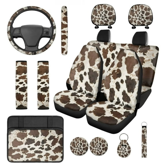 HUIACONG Brown Cow Print Car Accessories Seat Covers Full Set with Seatbelt Covers Steering Wheel Cover Center Console Cover Headrest Covers Coasters Keychain,14 Pcs,Universal Fit
