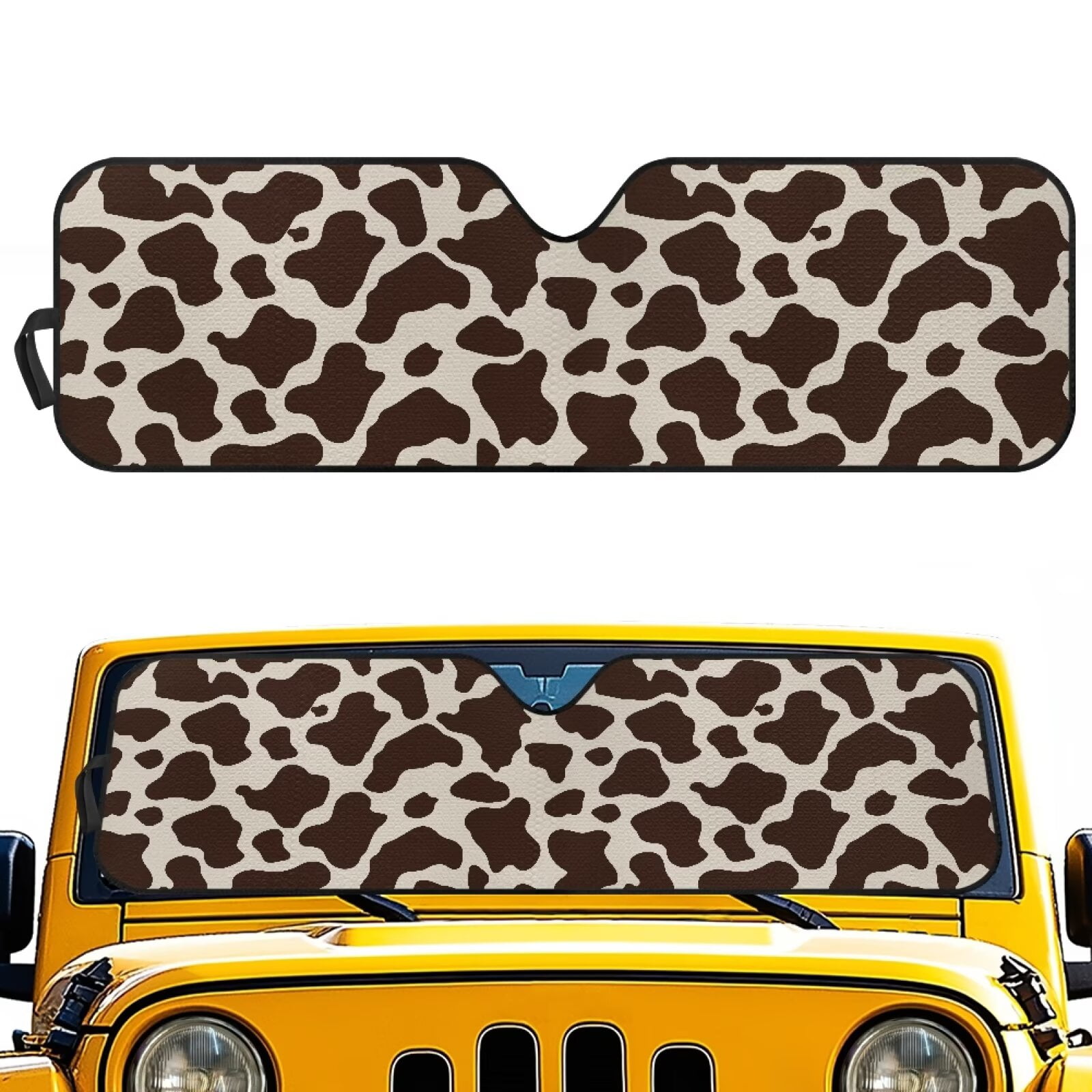 HUIACONG Brown Cow Print Sun Shade Windshield for Jeep Wrangler JK JKU JL JLU1997-2024,Window Sun Visor for UV Rays & Heat Protection,主题+ Windshield Sunshade