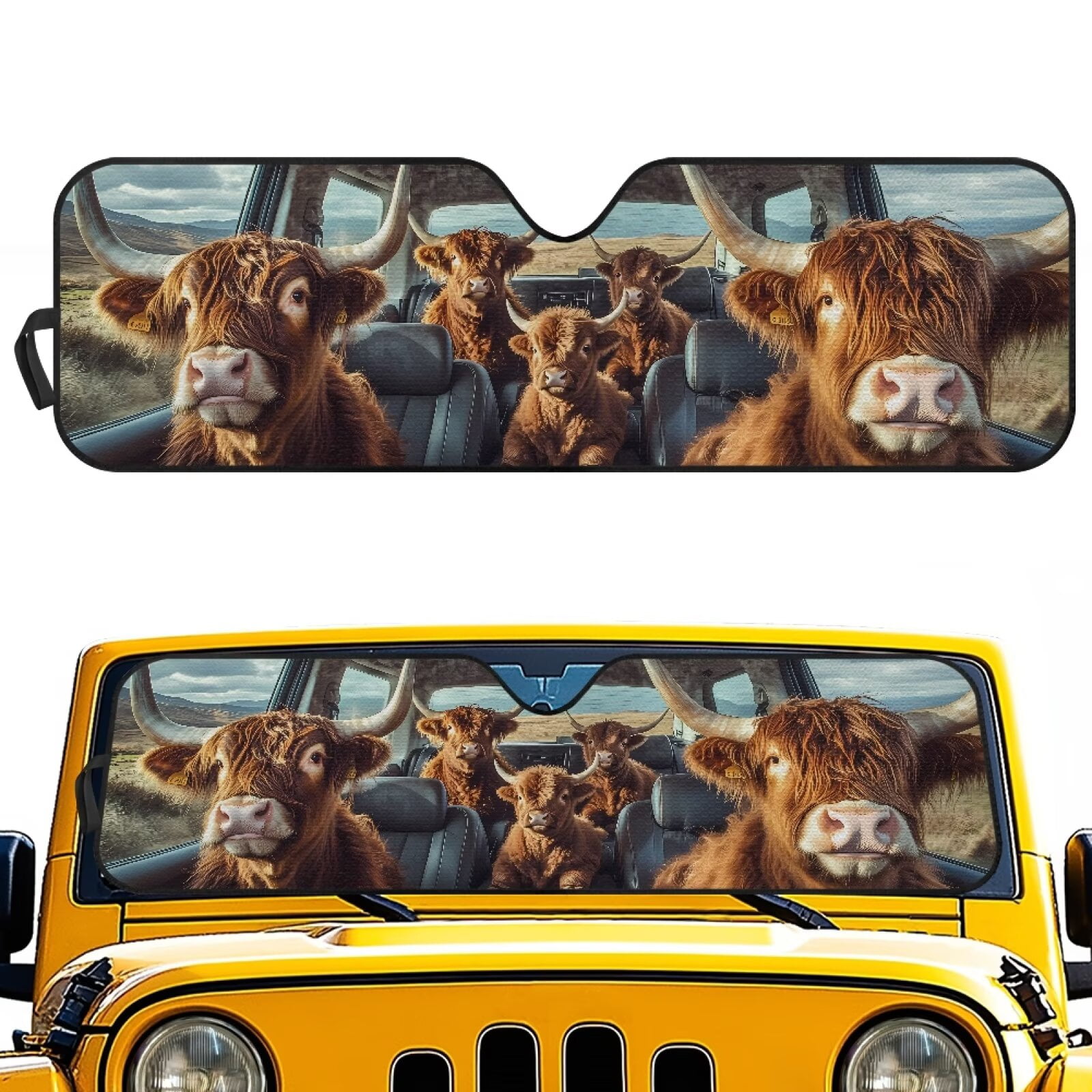 HUIACONG Brown Cow Windshield Sun Shade for 2007-2023 Wrangler Rubicon Sahara TJ JK JKU 2 & 4 Door-Blocks UV Rays Sun Visor Protector,Car Sun Shade Keep Your Vehicle Cool