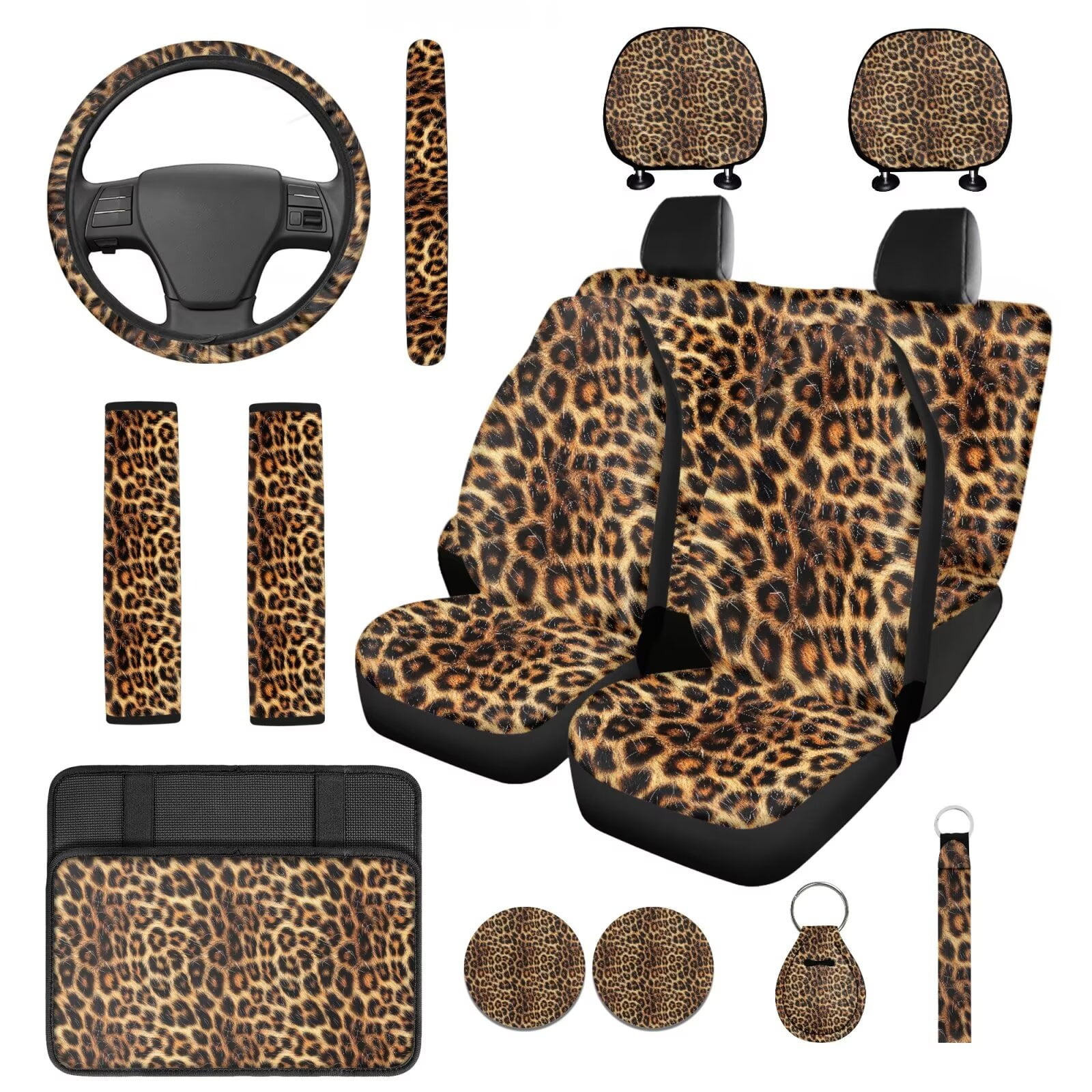 HUIACONG Brown Leopard Print Car Seat Covers Full Set for Women 14 Pcs Universal Cheetah Print Car Accessories Steering Wheel Cover Arm Rest Cover Seat Belt Pads Headrest Covers Coasters Keychain