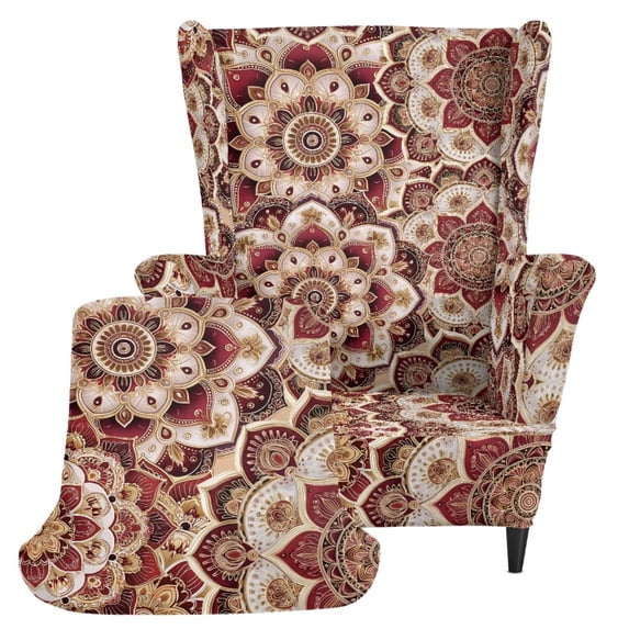 HUIACONG Burgundy Gold Mandala Print 2-Piece Wingback Chair Slipcovers, Full Elastic Hem Wrinkle Free Soft Stretchy Fabric, Easy Install Full Coverage Furniture Protector