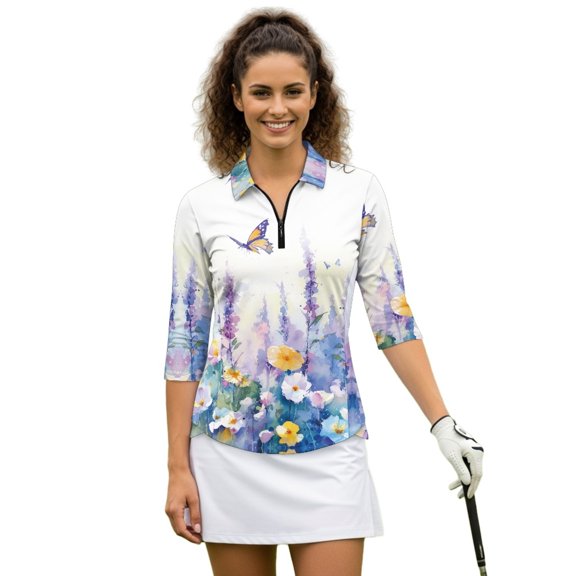 HUIACONG Butterfly Flowers Ladies Golf Top 3/4 Sleeve Quarter Zip with Soft Breathable Pullover for Tennis Outdoor Activities Outing Daily Exercise