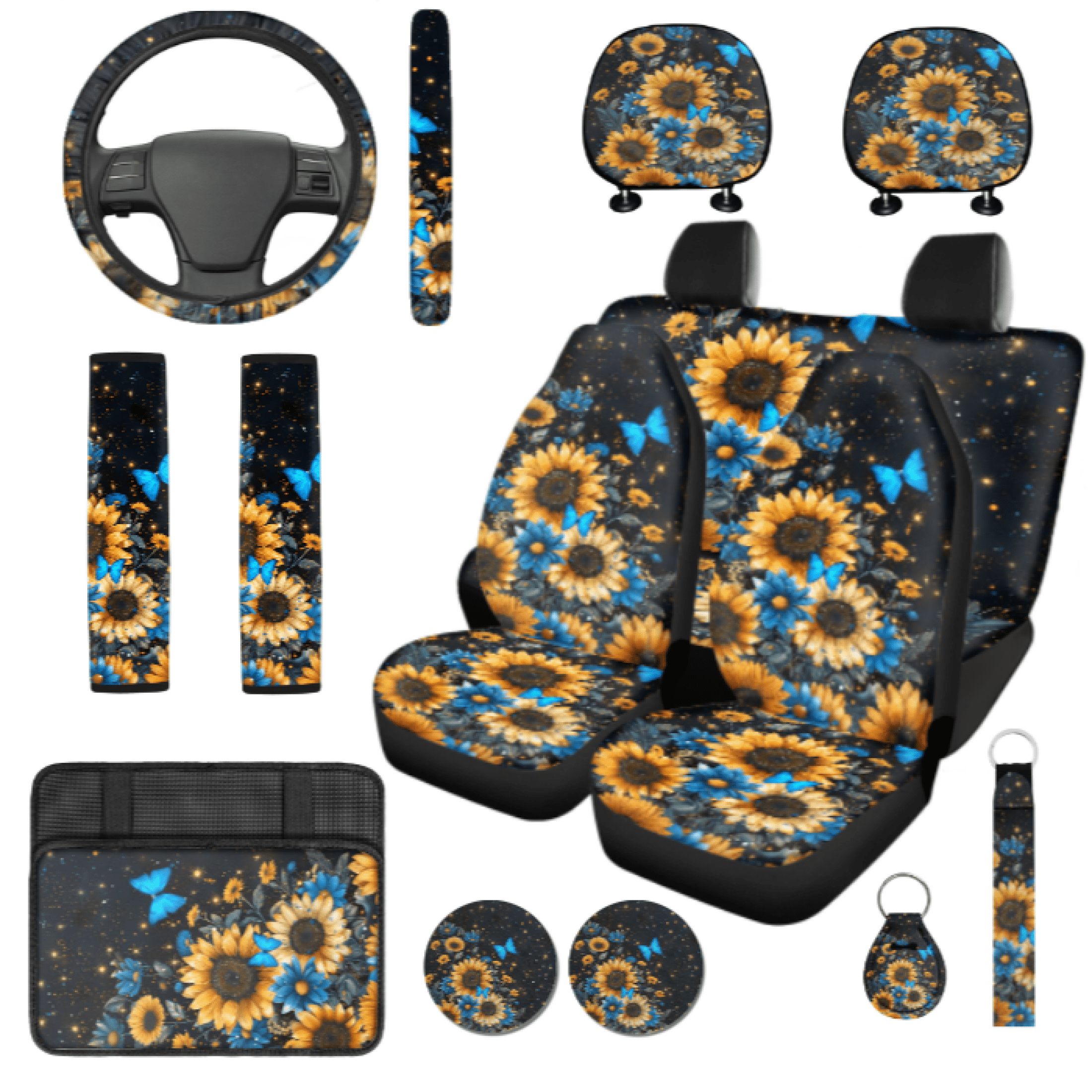 HUIACONG Butterfly Sunflowers Car Seat Cover Set, with Car Seat Covers Steering Wheel Cover Key Fob Vehicle Armrest Protection Cushion Front Back Seat Covers