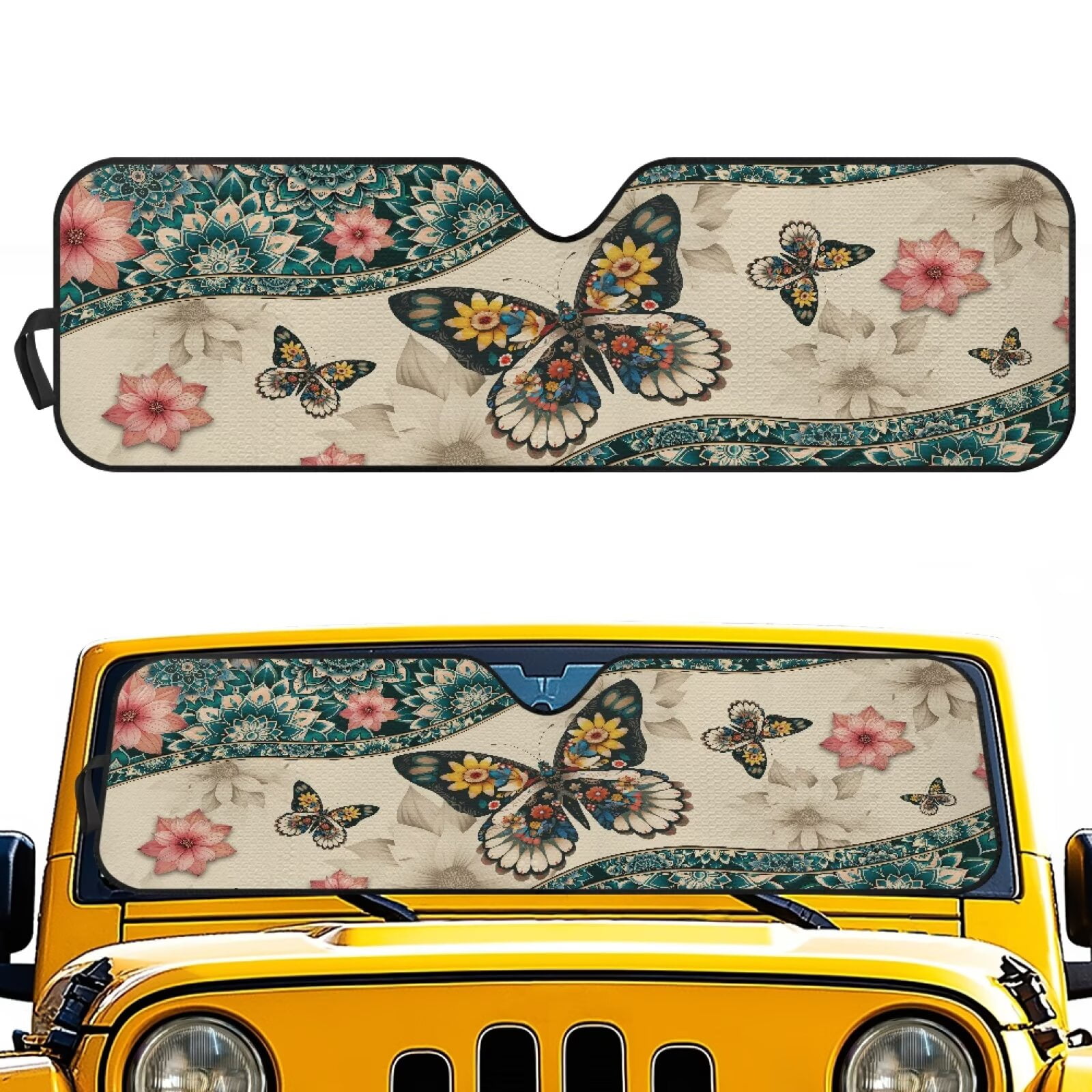 HUIACONG Butterfly Turtle Windshield Sun Shade Heat Shield Sun Visor Mat Compatible with Jeep Wrangler Rubicon Sahara TJ JK JKU 2 Door & 4 Door