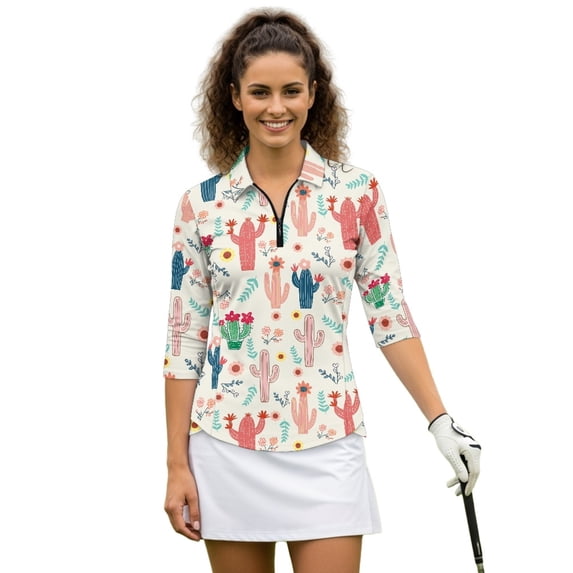 HUIACONG Cactus Floral Women Golf Polo Shirts Soft and Comfortable Quarter Zip with Collar, 3/4 Sleeve Golf Top for Golf, Tennis, Hiking, Running, Gym