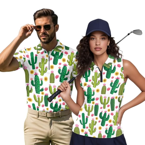 HUIACONG Cactus Matching Golf Shirts for Couples Mens Short Sleeve Golf Shirt Sleeveless Tennis Tops for Women Collared 1/4 Zip Quick Dry Moisture Wicking Casual Sports Clothes Woman S