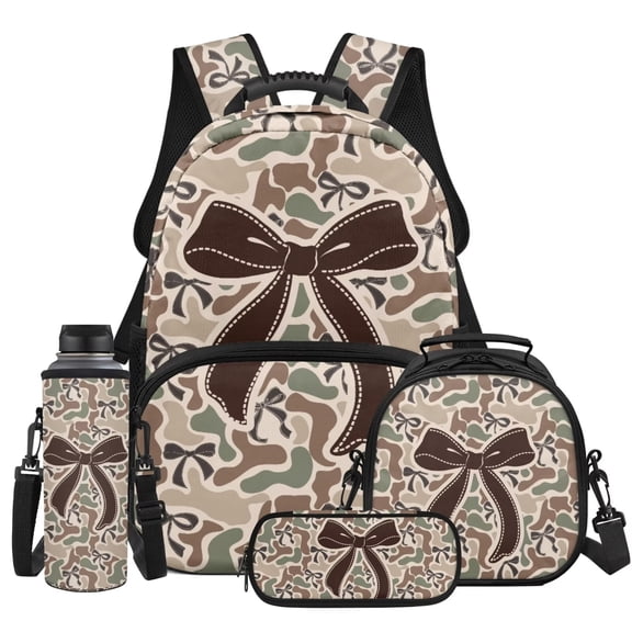 HUIACONG Camo Bow Backpack for Boys Girls, Camouflage Bow Print School Bag 4PCS Set with Lunch Box, Pencil Case & Water Bottle Sleeve for Elementary Kids