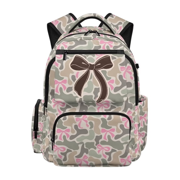 HUIACONG Camo Bow Print Backpack for Teen Girls 8-16, Adjustable Padded Straps School Bag, Water Resistant Multi Pocket Large Capacity Bookbag for School Travel Daily Use