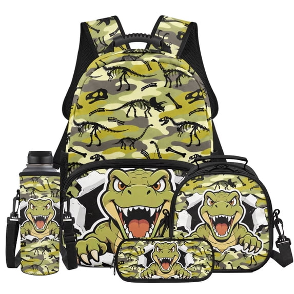 HUIACONG Camo Dinosaur T-Rex Backpack for Boys, Functional 4PCS Set Including Water Bottle and Lunch Bag, Daily School Bag for Boys Teens Ages 12-16