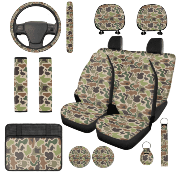 HUIACONG Camo Duck Car Interior Accessory Kit, with Key Holder Front Back Seat Covers Key Ring Steering Wheel Cover Wrist Keychain