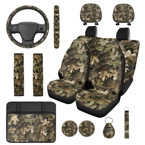 HUIACONG Camo Hunting Car Accessories Seat Cover Full Set with Steering Wheel Cover Center Console Cover Seat Belt Pads Headrest Cover Coasters Keychain 14 Pcs Universal & Easy to Install