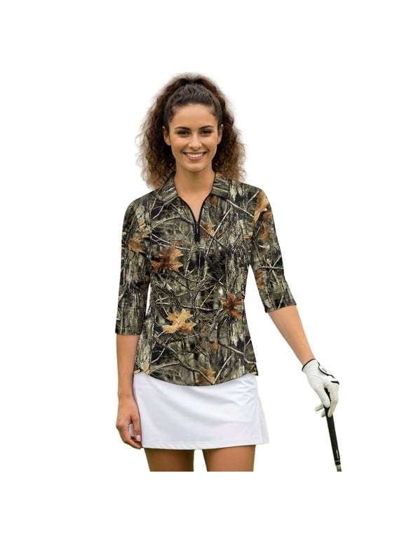 Camo Leaf Tennis Activewear with Polyester Spandex Fabric, Wear Resistant Tennis Tops for Women Golf and Outdoor Outings