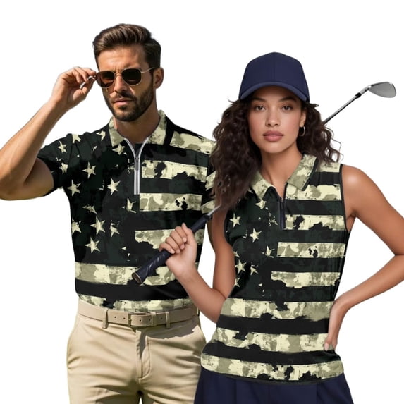 HUIACONG Camo Matching Shirts for Couples Mens Golf Shirt for Women Quick Dry Breathable Quarter Zip Sleeveless Golf Tops for Women Lightweight Moisture Wicking Tennis Top Woman S