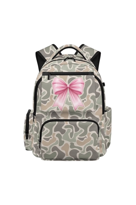 Camo Pink Bow School Backpack for Girls Age 6-16 17 Inch Multi Pocket Water Resistant Bookbag Adjustable Padded Straps Lightweight Sturdy Daypack for School Travel