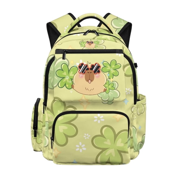 HUIACONG Capybara Clover Print School Backpack for Kids Teens Age 6-18 Multi Pocket Water Resistant Scuff Proof Padded Adjustable Straps Lightweight Bookbag for School Travel Daily Use