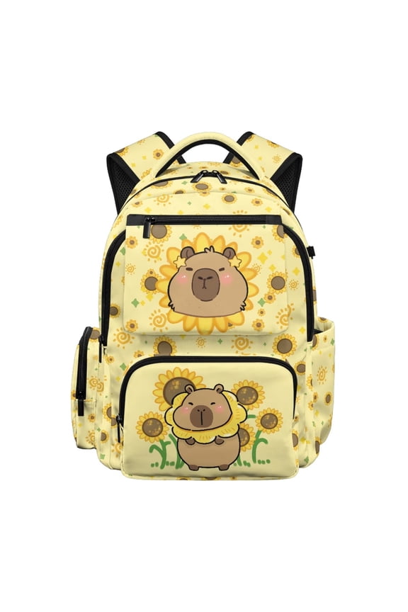 Capybara Sunflower Backpack for Kids 6-12, 17 Inch Floral Print School Bag, Lightweight Water Resistant Bookbag for Elementary Travel