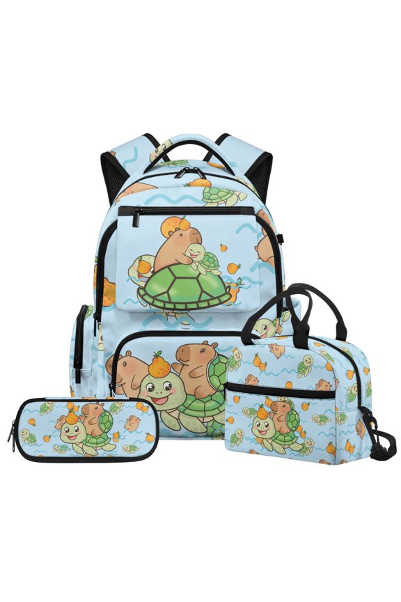 Capybara Turtle Pattern 3 Pcs Set Backpack Set with Student Backpack Lunch Insulated Bag Stationery Organizer with Practical Colorfast Kids Backpack Set