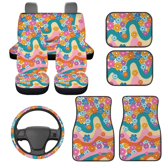 HUIACONG Car Floor Mats for Additional Protection Driver Seat, Hippie Floral Car Steering Wheel Cover Passenger Seat and Rear Car Seat Covers with Anti-Slip Pad Universal Fit Most Cars,SUV, Trucks