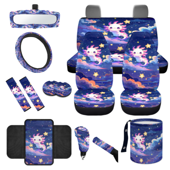 HUIACONG Car Interior Accessory Kit, with Armrest Cushion Seat Belt Shoulder Pad Rearview Mirror Protector, Cartoon Stars Cute Axolotl Soft Fade Proof