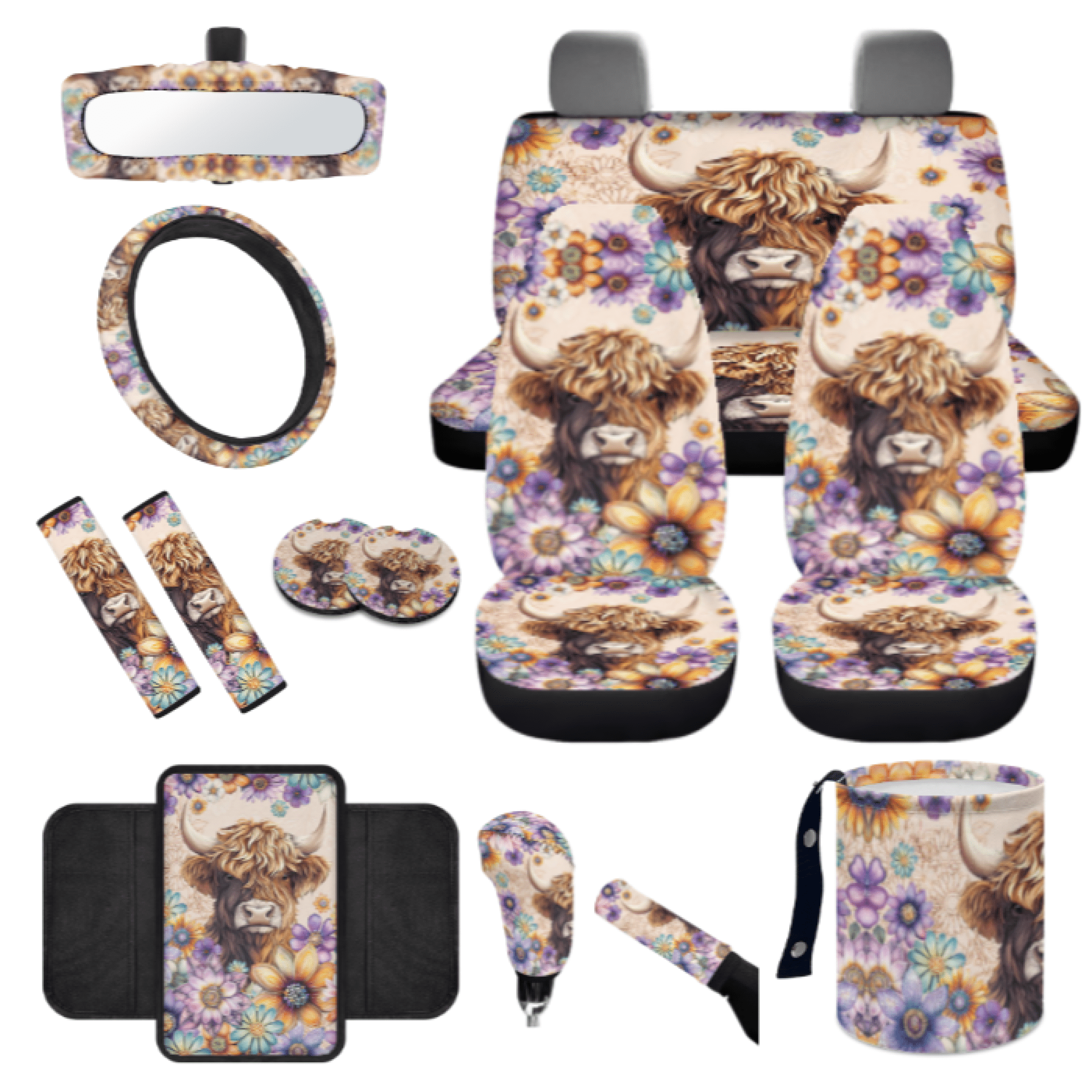 HUIACONG Car Interior Accessory Kit, with Car Cup Coasters Rearview Mirror Protector Car Seatbelt Shoulder Strap Cover, Calf Floral Design Quick Install Personalized