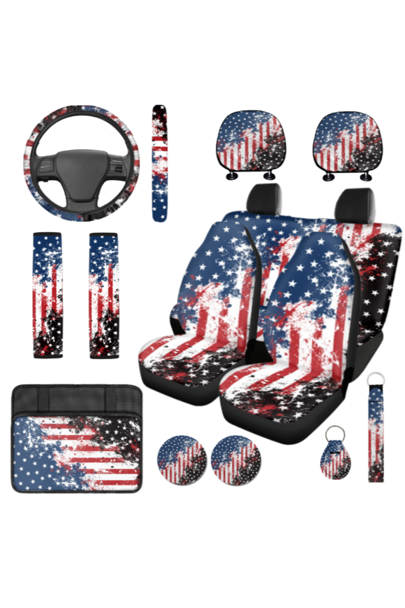 Car Interior Accessory Kit, with Key Ring Car Water Cup Holder Coaster Keychain, American flag Easy To Install And Remove Easy To Clean Car Seat Cover Set