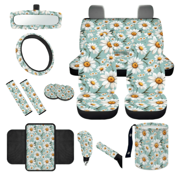 HUIACONG Car Interior Accessory Kit, with Car Armrest Box Protector Car Cup Holder Mats Car Cup Coasters, Daisies Comfortable Easy To Clean