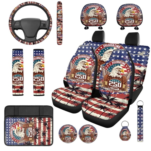 HUIACONG Car Interior Accessory Kit, with Car Armrest Cushion Key Ring Steering Wheel Cover, 14 Pcs Vintage American Flag Car Seat Cover Set