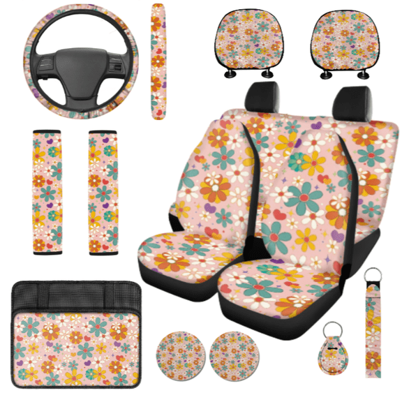 HUIACONG Car Interior Accessory Kit, with Car Headrest Covers Steering Wheel Cover, Durable Suitable for Cars Trucks