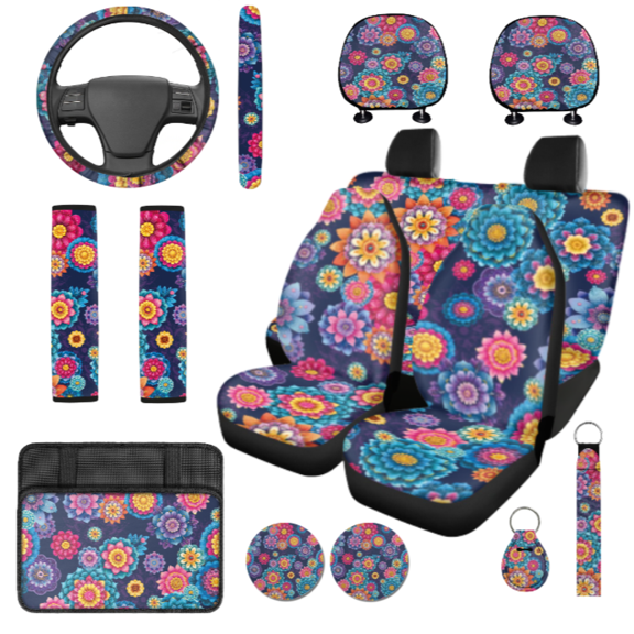 HUIACONG Car Interior Accessory Kit, with Key Fob Car Armrest Box Pad Auto Cup Pad, 14 Pack Floral Mandala Pattern Car Interior Set