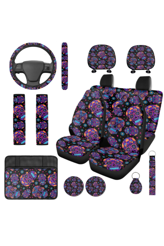 Car Interior Accessory Kit, with Key Fob Steering Wheel Cover Car Seat Covers, 14 Pack Sugar Skull Car Seat Cover Set