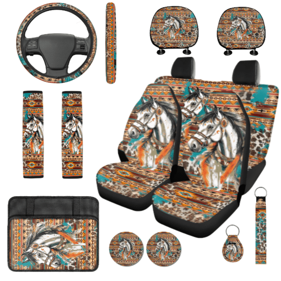 HUIACONG Car Interior Accessory Kit, with Key Ring Keychain Strap Car Seat Covers, Horse Pattern Light Weight Stylish Car Seat Cover Set