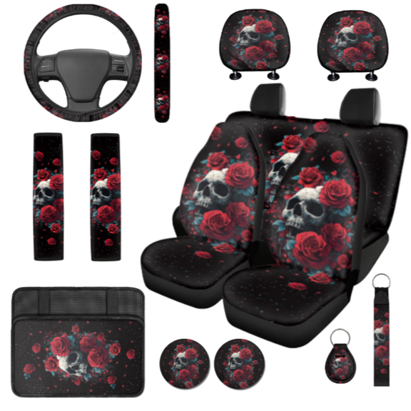 HUIACONG Car Interior Set, with Wrist Keychain Steering Wheel Cover Key Holder, 14 Pack Red Rose and Skull Pattern Design Car Interior Accessory Kit