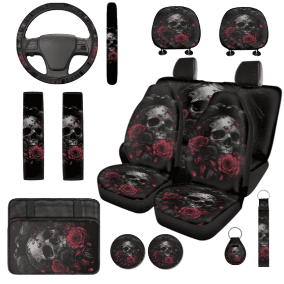 HUIACONG Car Seat Cover Set, with Auto Hand Rest Pad Car Center Console Armrest Cover Car Seat Covers, 14-Piece Skull and Rose Pattern Car Interior Accessory Kit