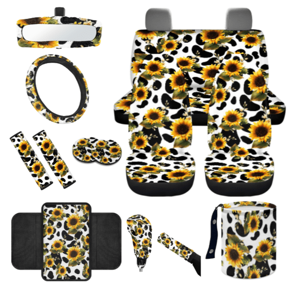 HUIACONG Car Seat Cover Set, with Car Cup Coasters Car Armrest Protector, 14 Pack Prevent Scratches Suitable for Cars Commercial Vehicles Cow Sunflowers
