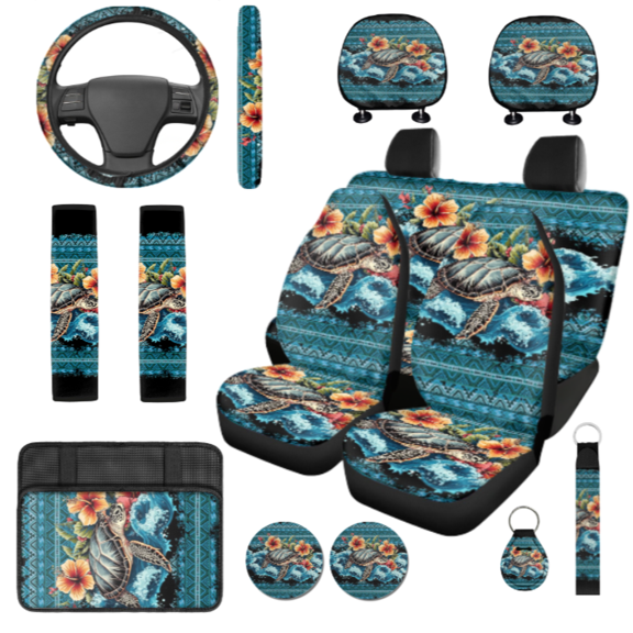 HUIACONG Car Seat Cover Set, with Car Seat Covers Full Set Steering Wheel Cover Key Pendant, 14 Pcs Sea Turtle Tropical Flowers Car Interior Accessory Kit