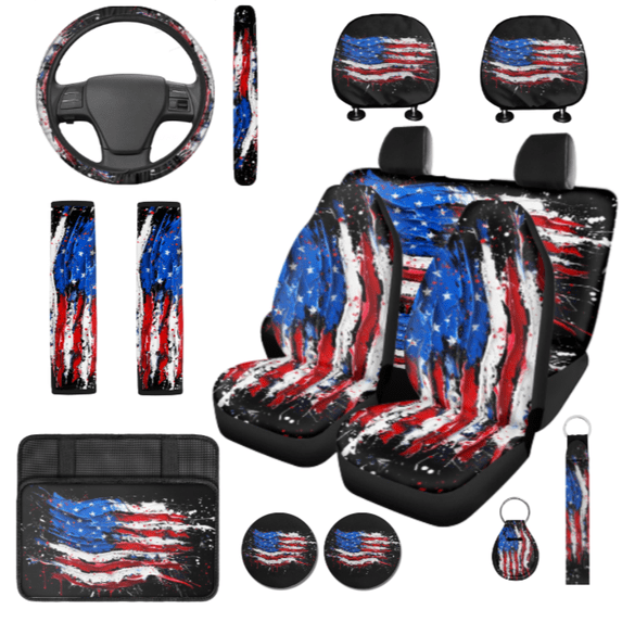 HUIACONG Car Seat Cover Set, with Car Seat Covers Key Fob Front Back Seat Covers, 14 Pcs Abstract Impasto American Flag Pattern Automotive Interior Accessories