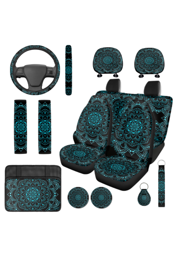 Car Seat Cover Set, with Seat Protectors Steering Wheel Cover Keychain Strap, Geometric Pattern Smooth Surface Anti Fade Car Interior Accessory Kit