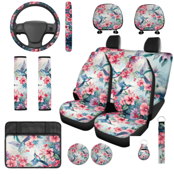 HUIACONG Car Seat Cover Set, with Steering Wheel Cover Car Seat Covers Car Seat Covers Full Set, Hummingbird and Floral Fashionable Comfort Car Accessories Full Set