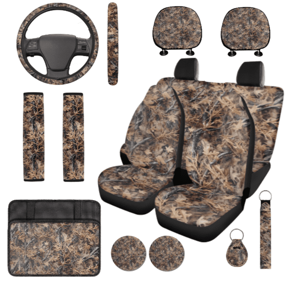 HUIACONG Car Seat Cover Set, with Armrest Box Protective Cover Key Holder Key Pendant, Brown Leaf Camo Durable Fashion Car Interior Set