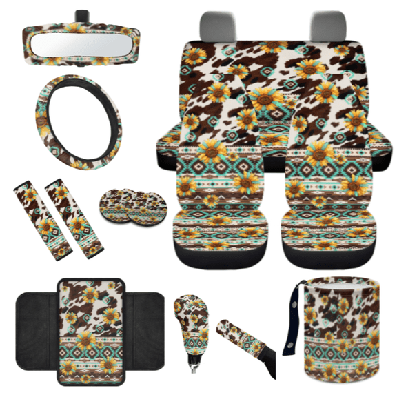 HUIACONG Car Seat Cover Set, with Armrest Cushion Car Cup Coasters, 14 Pack Personalized Design Suitable for Vans Automotive Sunflower