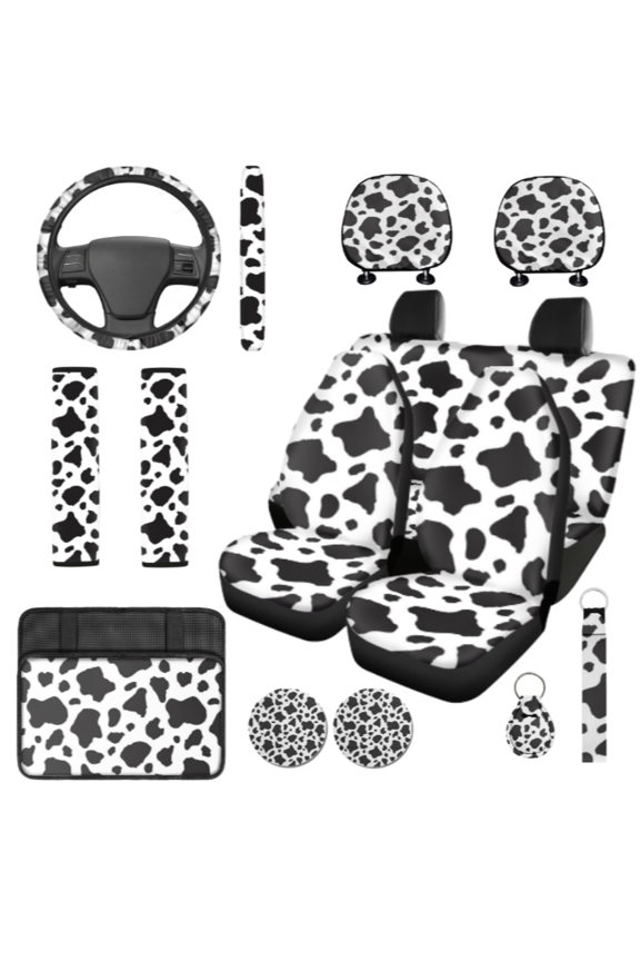 Car Seat Cover Set, with Car Armrest Console Mat Key Fob Key Ring, Cow Print Pattern Premium Wear-Resistant Car Interior Accessory Kit