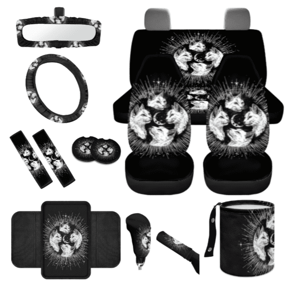 HUIACONG Car Seat Cover Set, with Car Armrest Cover Armrest Cushion Rearview Mirror Protector, 14 Pack Cat Star Pattern