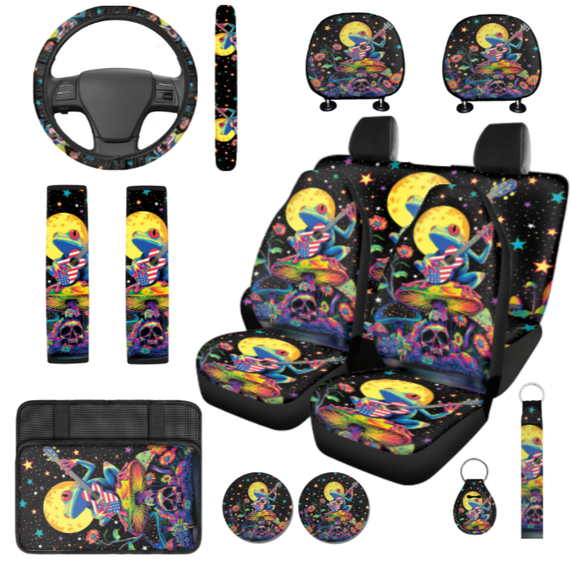 HUIACONG Car Seat Cover Set, with Car Headrest Covers Key Fob Key Pendant, Frog and Guitar Practical Wear Resistant Car Interior Accessory Kit