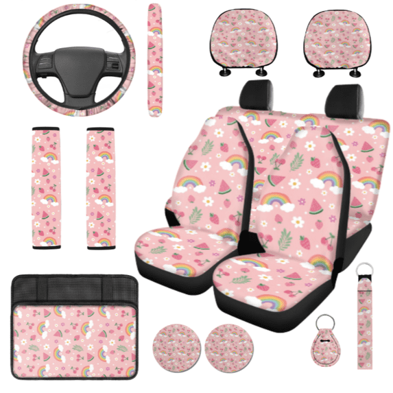 HUIACONG Car Seat Cover Set, with Car Seat Covers Key Pendant Car Seat Protectors, 14-Piece Rainbow Strawberry Pattern Car Interior Accessory Kit