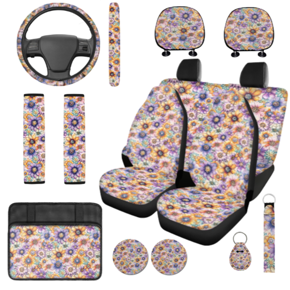 HUIACONG Car Seat Cover Set, with Car Seat Covers Key Pendant Keychain, Flowers Pattern Wear Resistant Breathable Car Interior Accessory Kit