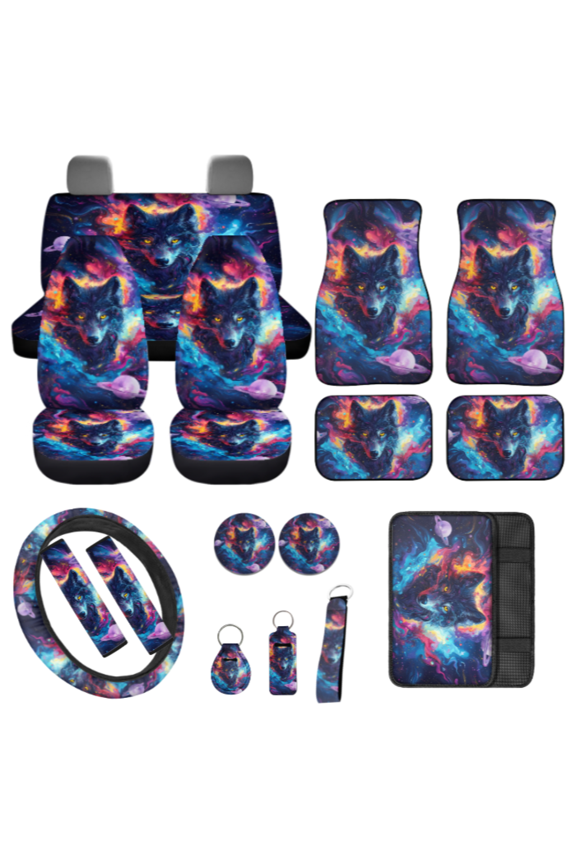 Car Seat Cover Set, with Key Lanyard Key Fob, Galaxy Wolf Realm Anti-Fade Durable Car Seat Cover Full Set