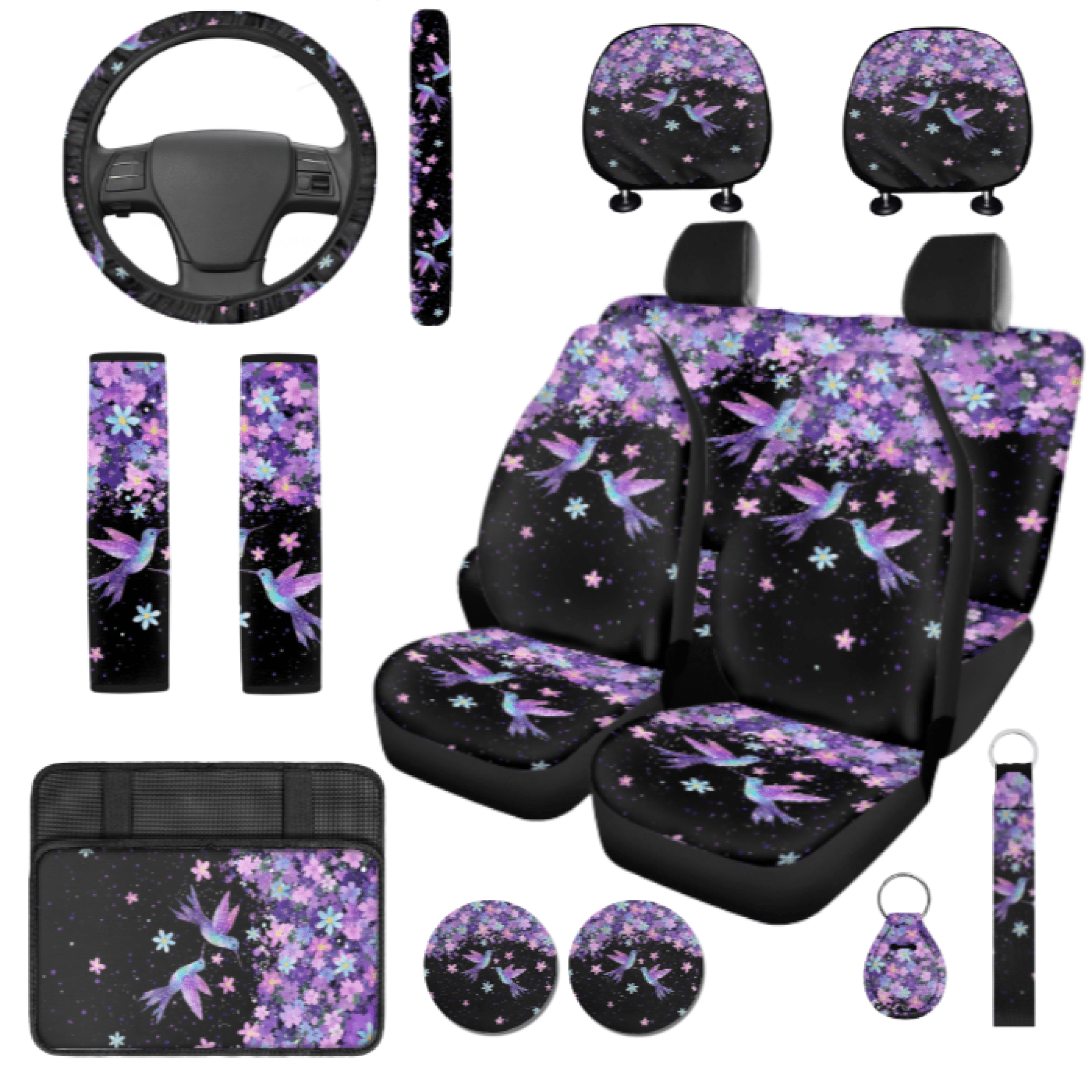 HUIACONG Car Seat Cover Set, with Steering Wheel Cover Seat Protectors Vehicle Cup Mat, 14 Pack Hummingbird Floral Pattern Car Accessories Full Set